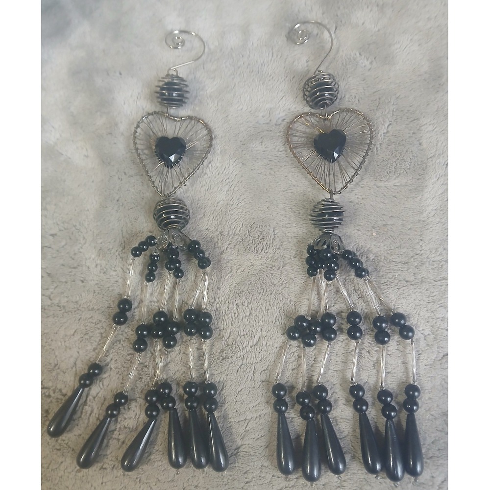Gothic Black Heart Chandelier Ornament Suncatcher Wire‎ Wrap Beaded Tassel 9.5"